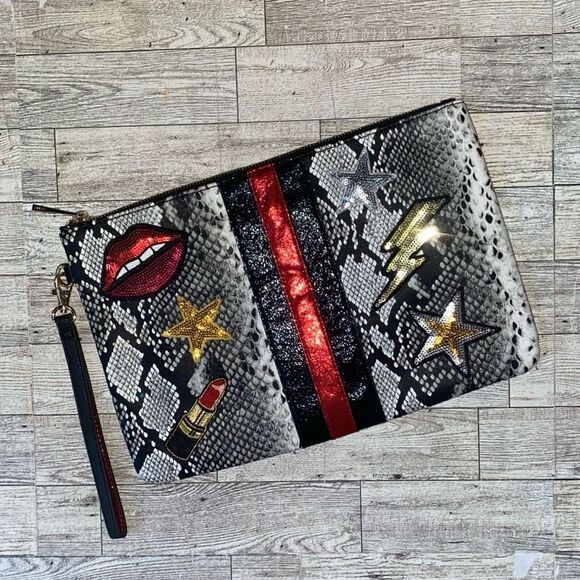 ALDO, Faux Snake Skin, Sequin Embellished, Oversized Clutch Purse - Picture 14 of 15